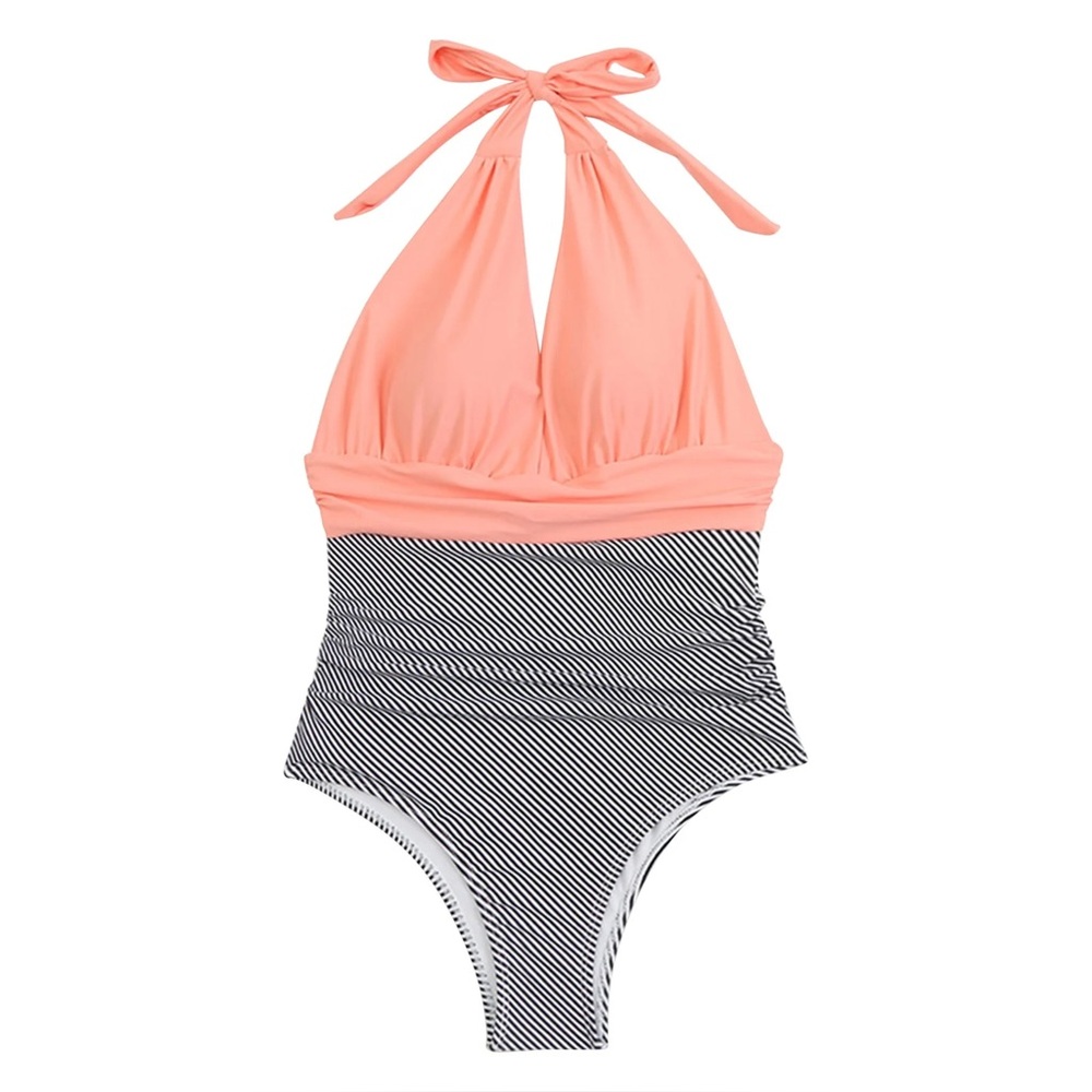 Cupshe Coral & Black & White Striped Halter Tummy Control One-Piece - Size Small